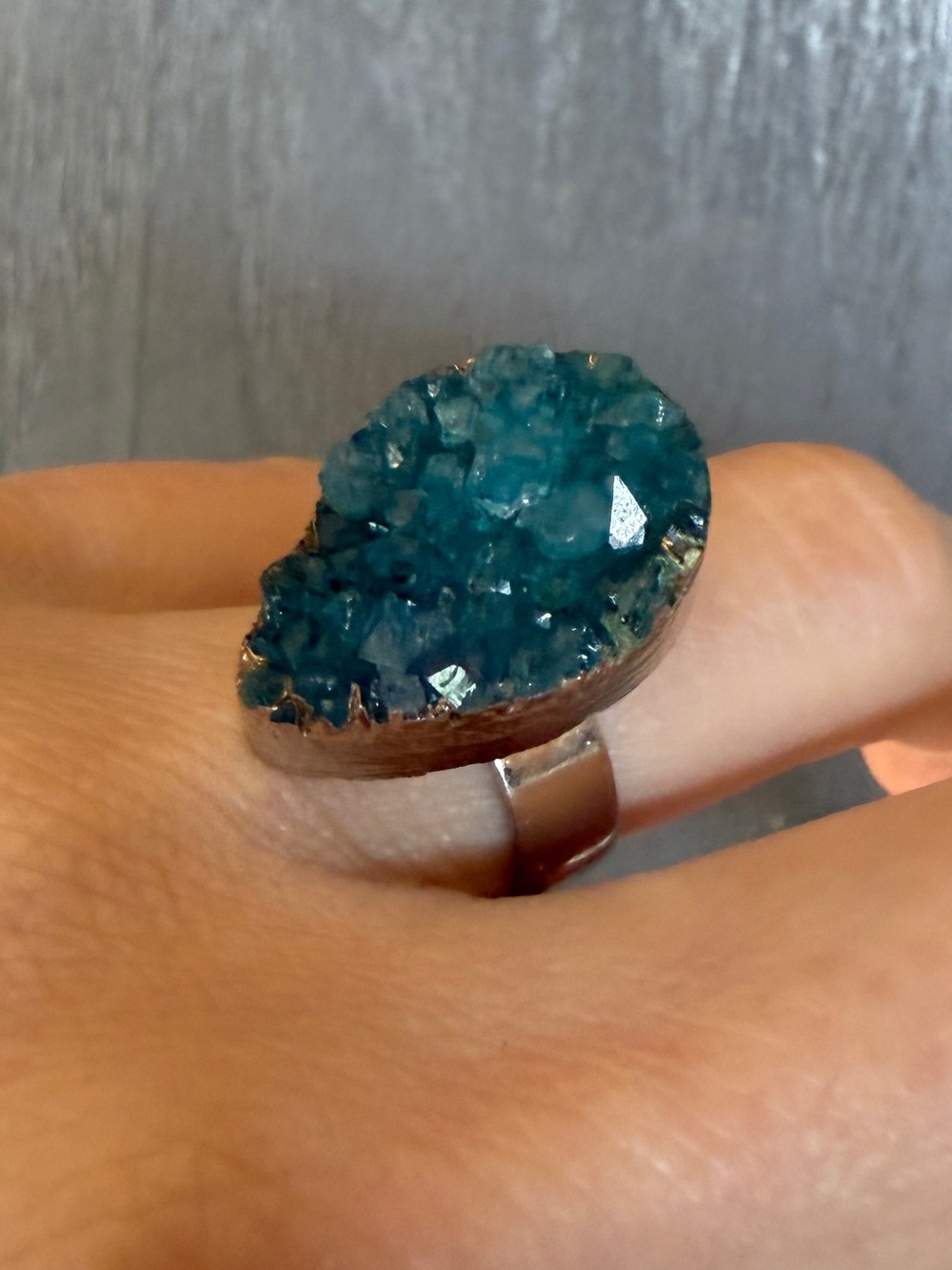 Blue Druzy Statement Ring raw teal Crystal Cluster on Adjustable Metal band